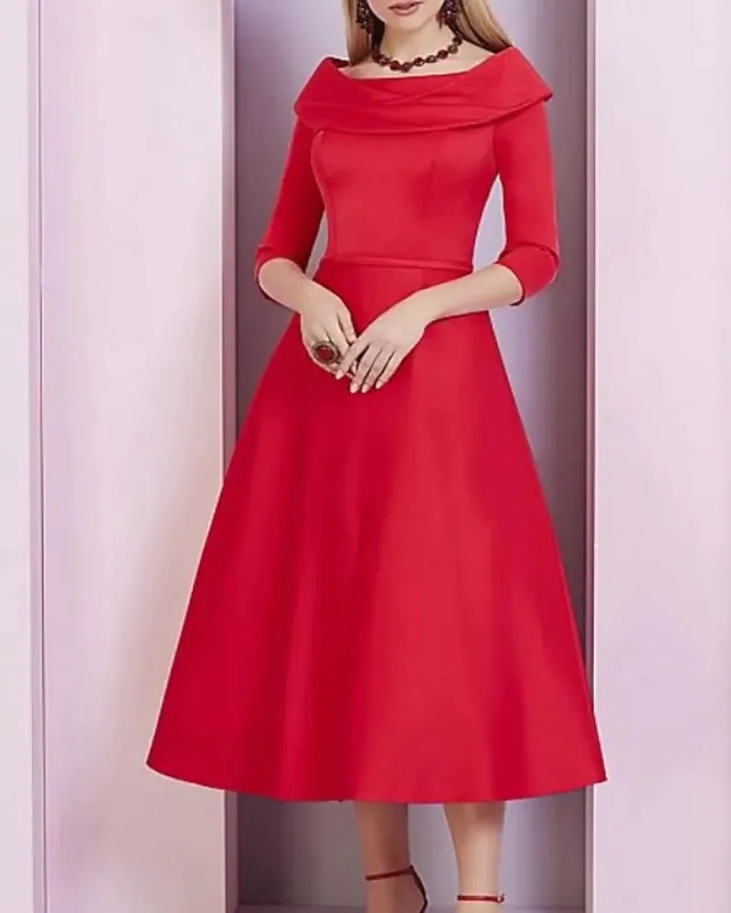 Robe De soirée De forme trapèze, rouge rubis, élégante, col bénitier, longueur thé, en Satin, Robe De bal