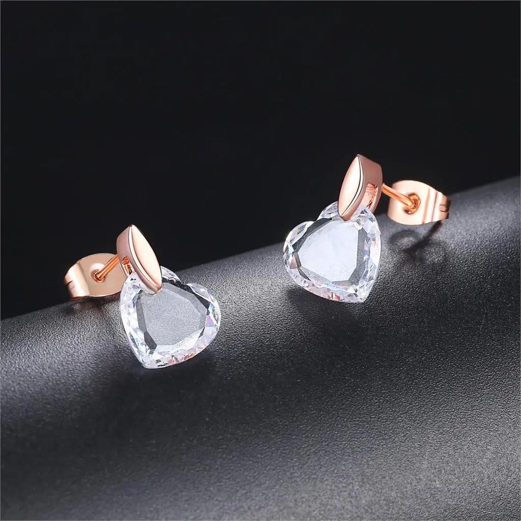 Clear Love Heart Crystal Stud Earrings Rose Gold Color Fashion Brand Wedding Jewelry Jewellery For Women HotSale DFE182