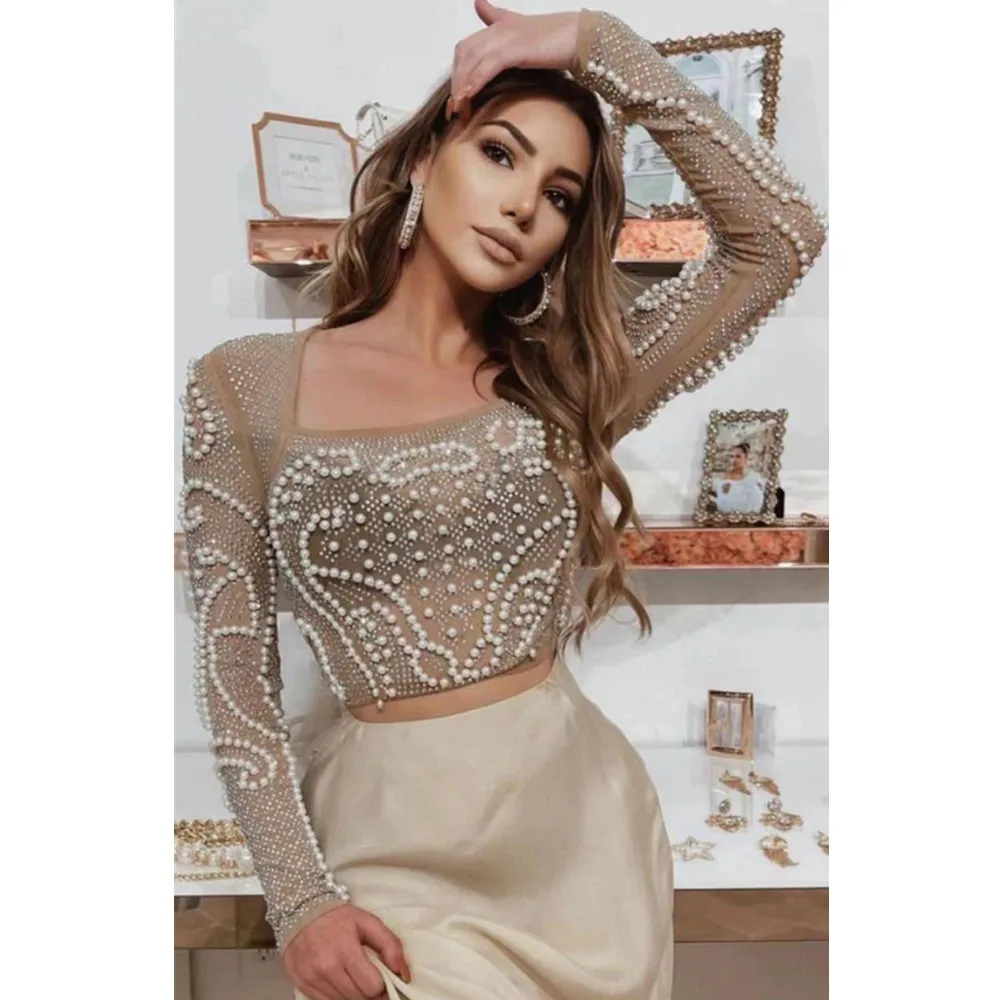 Women Autumn Sexy Diamonds Beading Mesh Crystal Long Sleeve Two Pieces Rayon Bandage Sets Ladies White Designer High Street Sets