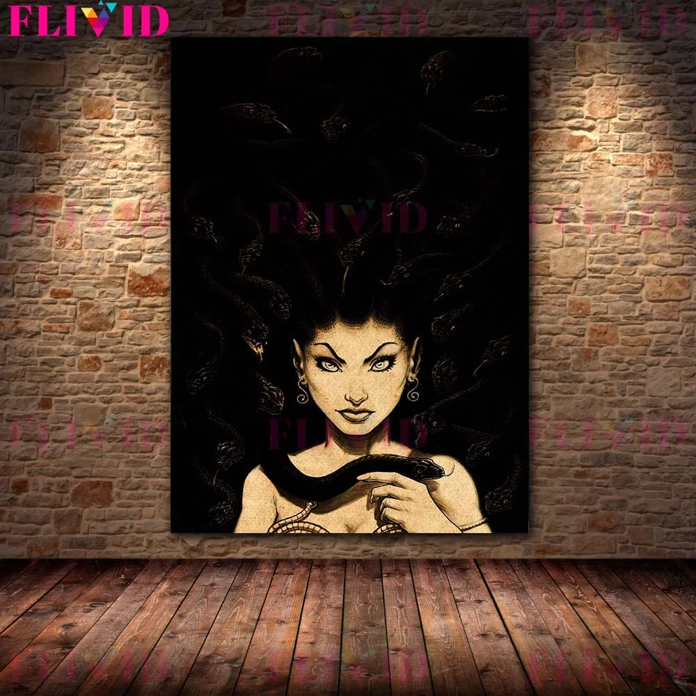 ميدوسا وشرير الساحرة الفن طباعة ساحرة القمر Wicca الرسم على لوحات القماش الجدارية ديكور المنزل الغراب رايدر خمر ملصق وطباعة #3