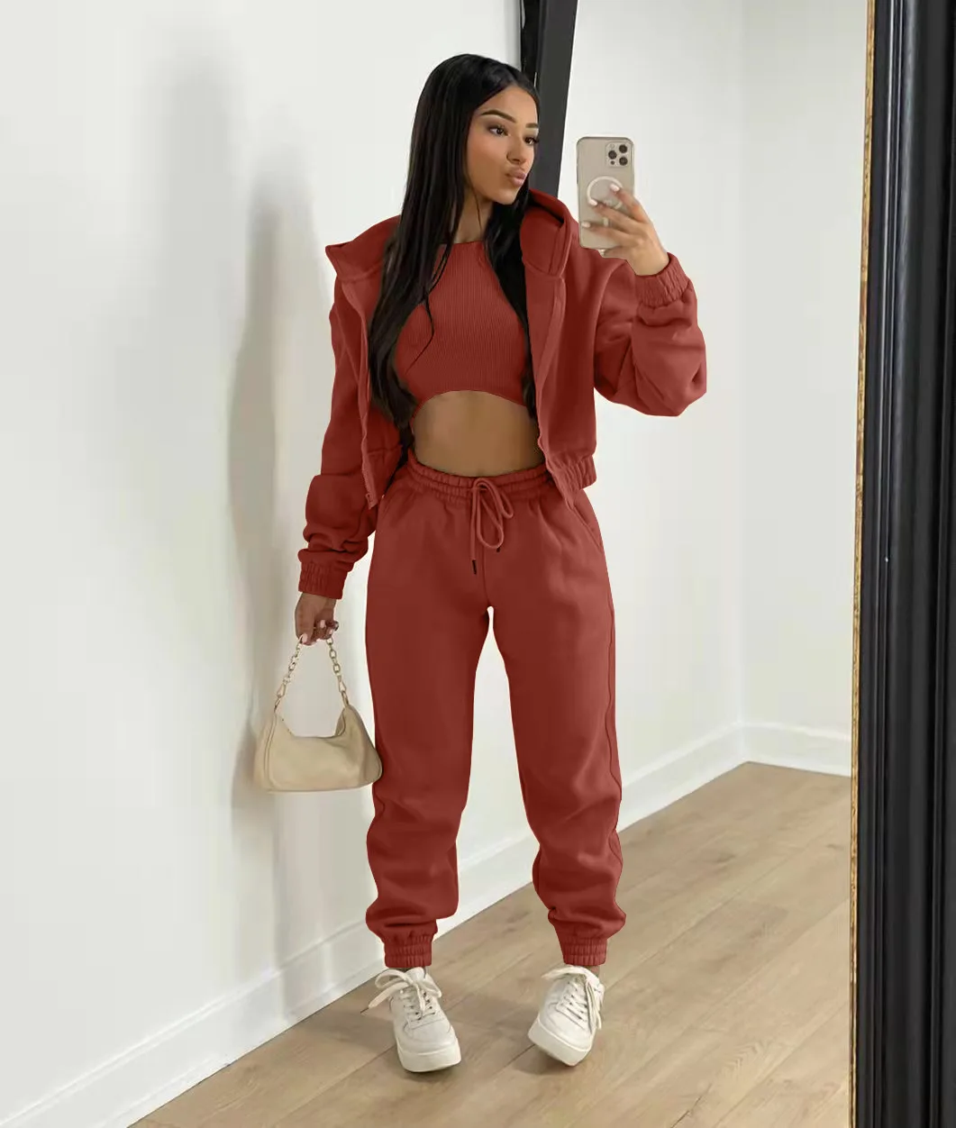 Women 3 Piece Sets Casual Long Sleeve Zip Hoodies+Ribbed Tank+High Waist Sweatpants Jogger Pant Suits Sporty Three Pieces Outfit