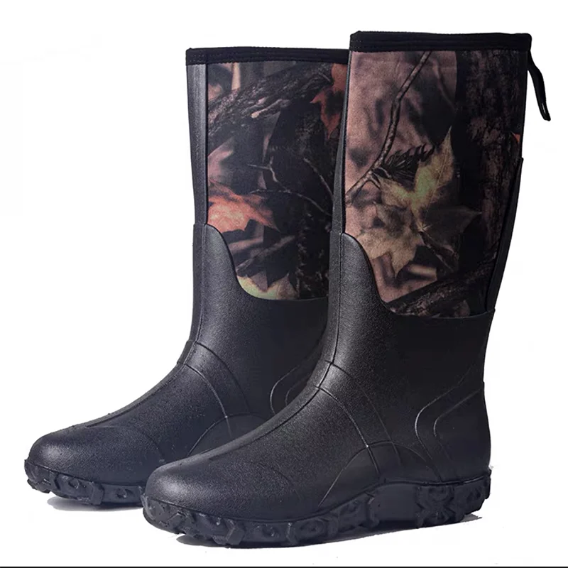 Camouflage Neoprene Short High Rubber Waterproof Rainshoes Warm Soft Outdoor Fishing Hunt Boots with Maple Handle Rubber Wellies