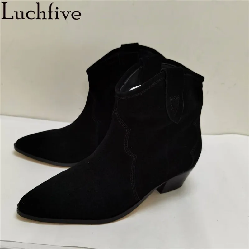 Classic Chelsea Women Ankle Boots Suede Leather pointy toe chunky heel Ankle Boots Simple Comfortable Runway Cowboy Boots female