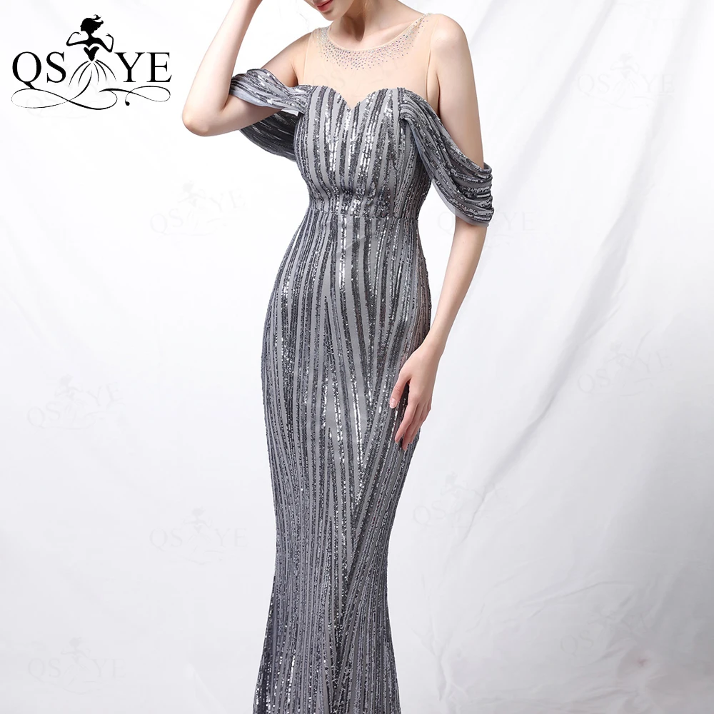 Sequin Grey Evening Dresses 2021 Mermaid Long Floor Prom Dress Side Sleeves Bead Nude Neckline Hot Drill Fit Gray Party Gown