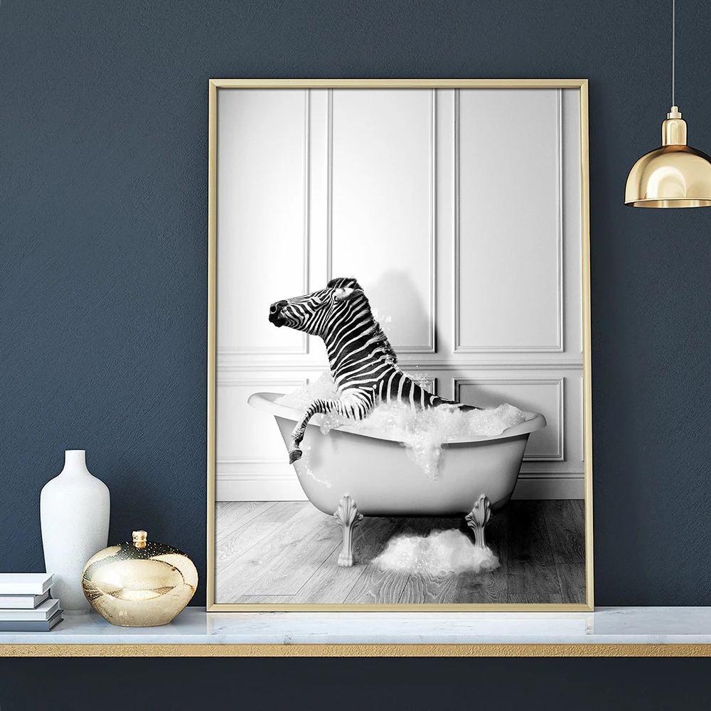 Funny Bathroom Animal Canvas Zebra Elephant Tiger Giraffe Prints And Poster Cute Art for Bathtub Painting Wall Picture WC Decor