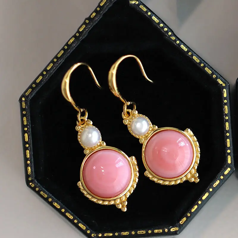 Ancient gold craftsmanship silver inlaid pink crystal round pearl long earrings gentle style luxury ladies brand jewelry