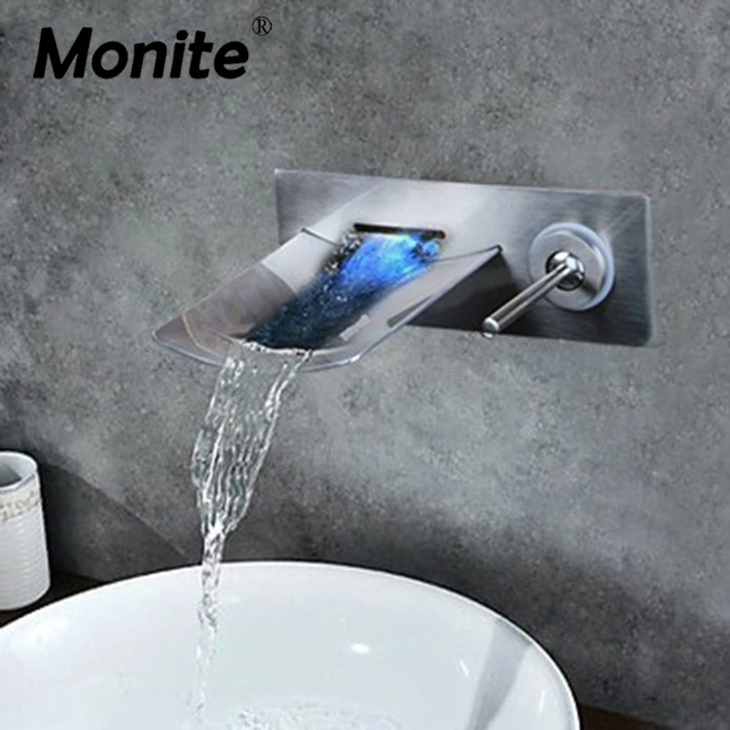 

Monite LED Light Nickel Brushed Wall Mounted Bathtub Faucet Chrome Polish Bathroom Basin Sink 1 Handle Basin Faucet Mixer Tap