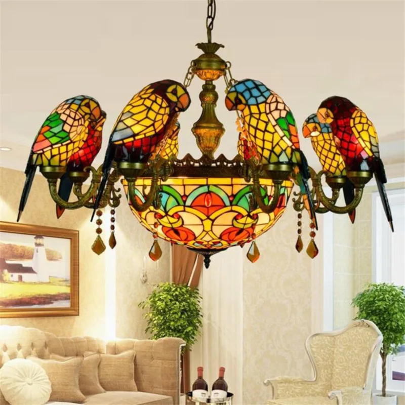 

Luxurious European Tiffany Parrot Suspension for Foyer Apartment Dining Room Vintage American Country Pendant Light 1211