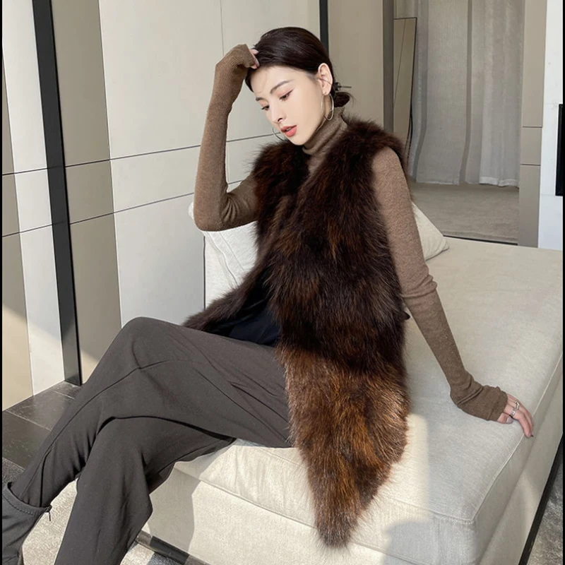 Luxurious Thick Warm Vest Genuine Fur JAcket Sleeveless Real Raccoon Fur Really Thick Warm Winter Fur Coat Short Fashion Parka