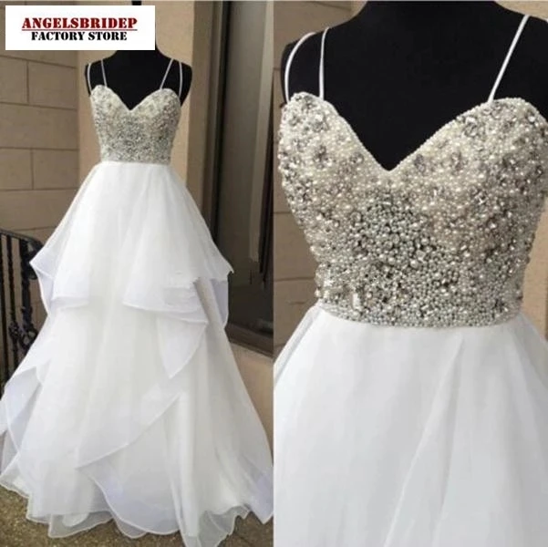 

New Sweetheart A-Line Chiffion Wedding Dresses 2021 Bohemian Charming Spaghetti Straps Sparkly Crystal Bridal Gowns Bride Dress