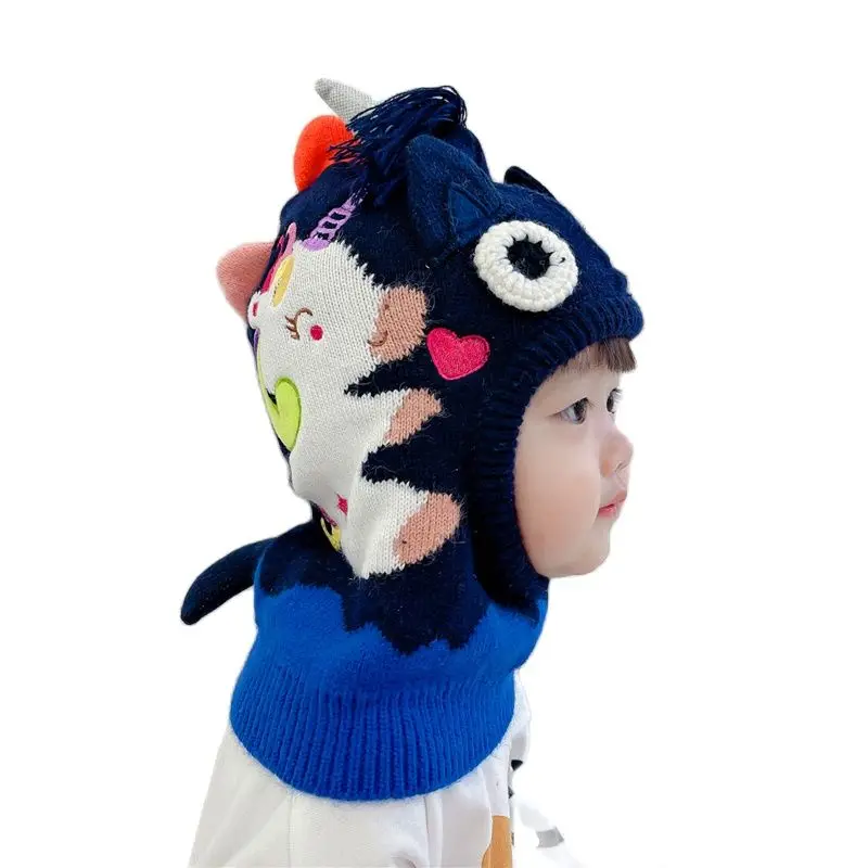 Doitbest Boy Girl Beanie Protect neck Cartoon unicorn Windproof Winter Child knit hat Warm Cute kids girls Earflap Caps