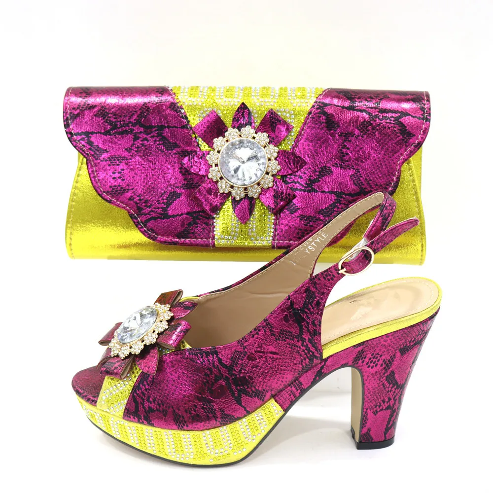 

Wonderful yellow and fuchsia women dress shoes with crystal style african pumps match handbag set CR2129,heel 10CM