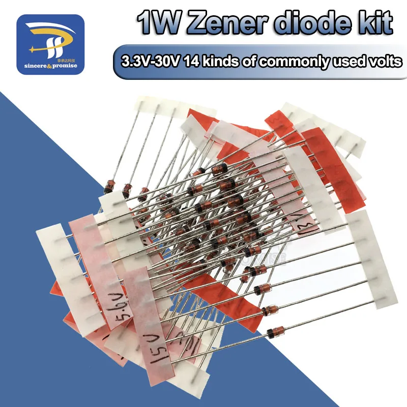 14 valori * 5 pezzi = 70 pezzi 1W diodo Zener pacchetto 1/2W DO-41 3.3V-30V componente Kit fai da te 14 tipi di volt comunemente usati