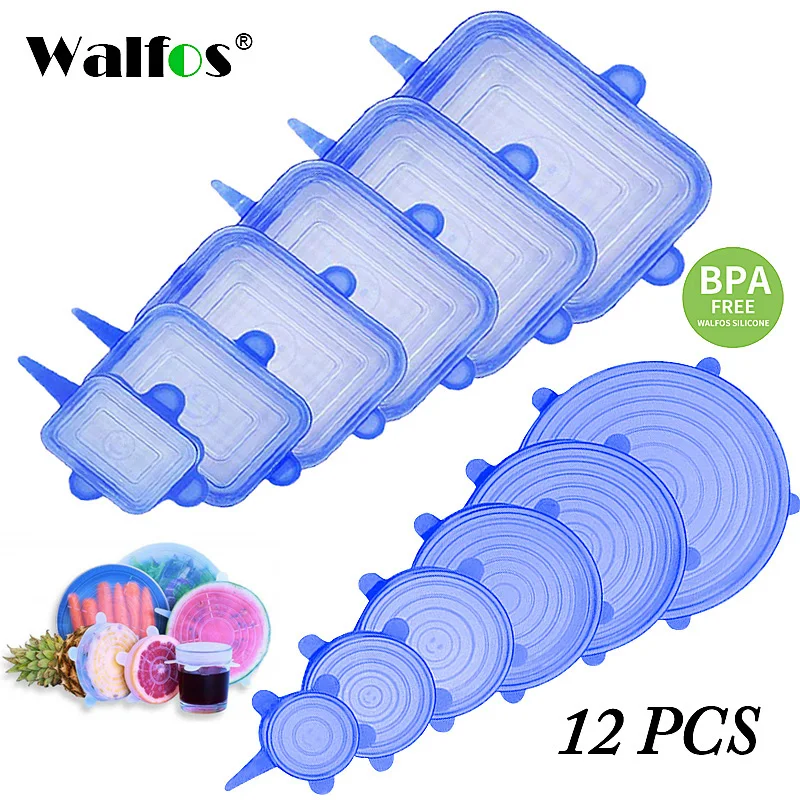 

Walfos 12pcs Reusable Silicone Food Cover Elastic Stretch Adjustable Bowl Lids Universal Kitchen Wrap Seal Fresh Keeping