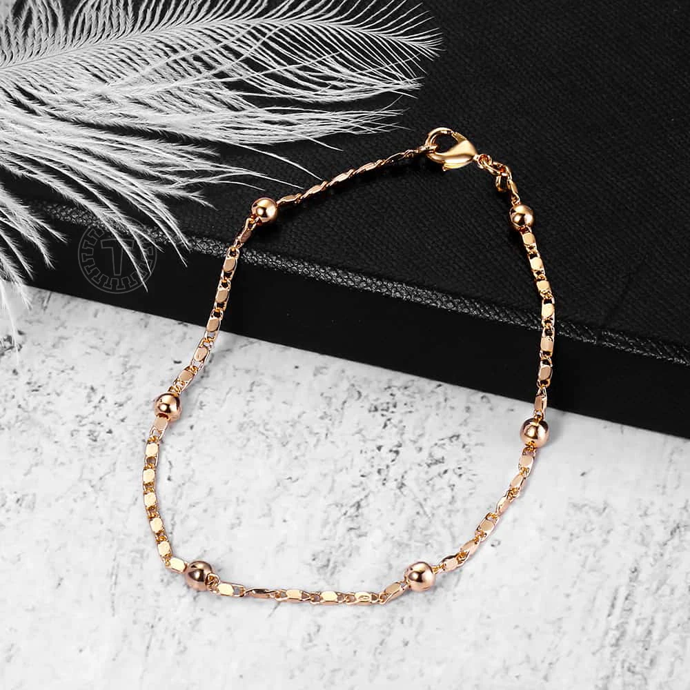 Women Basic 585 Rose Gold Color Ball Beaded Bracelet Gold Filled Satellite Link Chain Fashion Jewelry Birthday Gift 20cm CB66