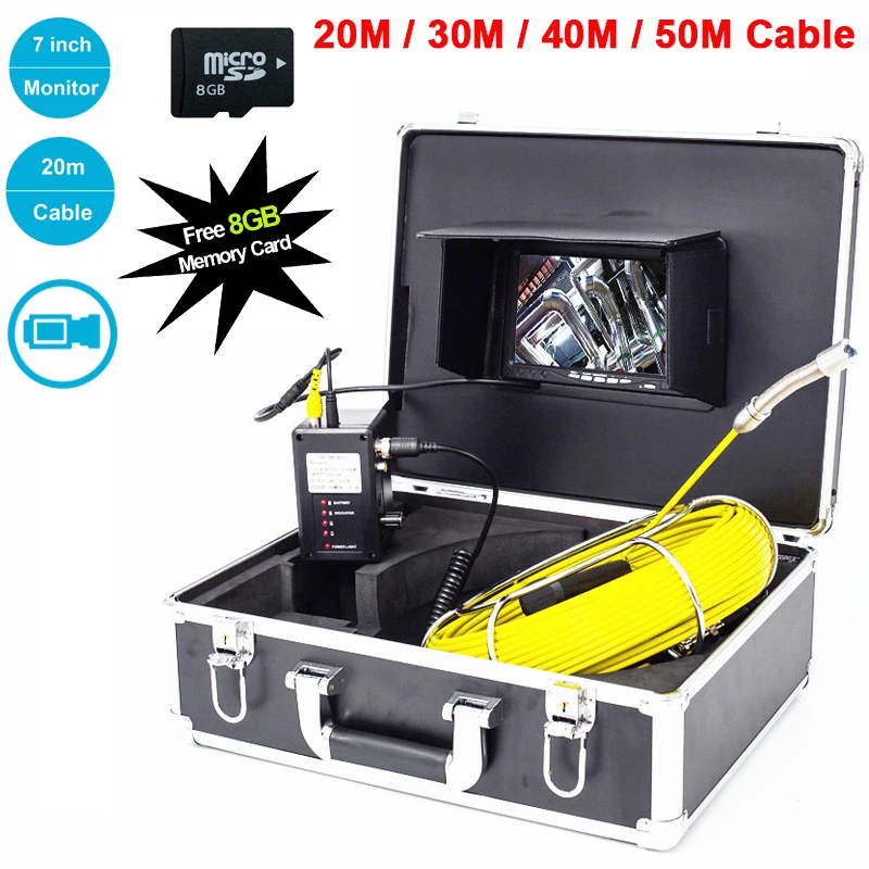 

20m-50m Industrial Pipe Endoscope System 23mm 1000TVL Video Camera 7" Sewer Drain Pipeline Inspection With Recorder Function