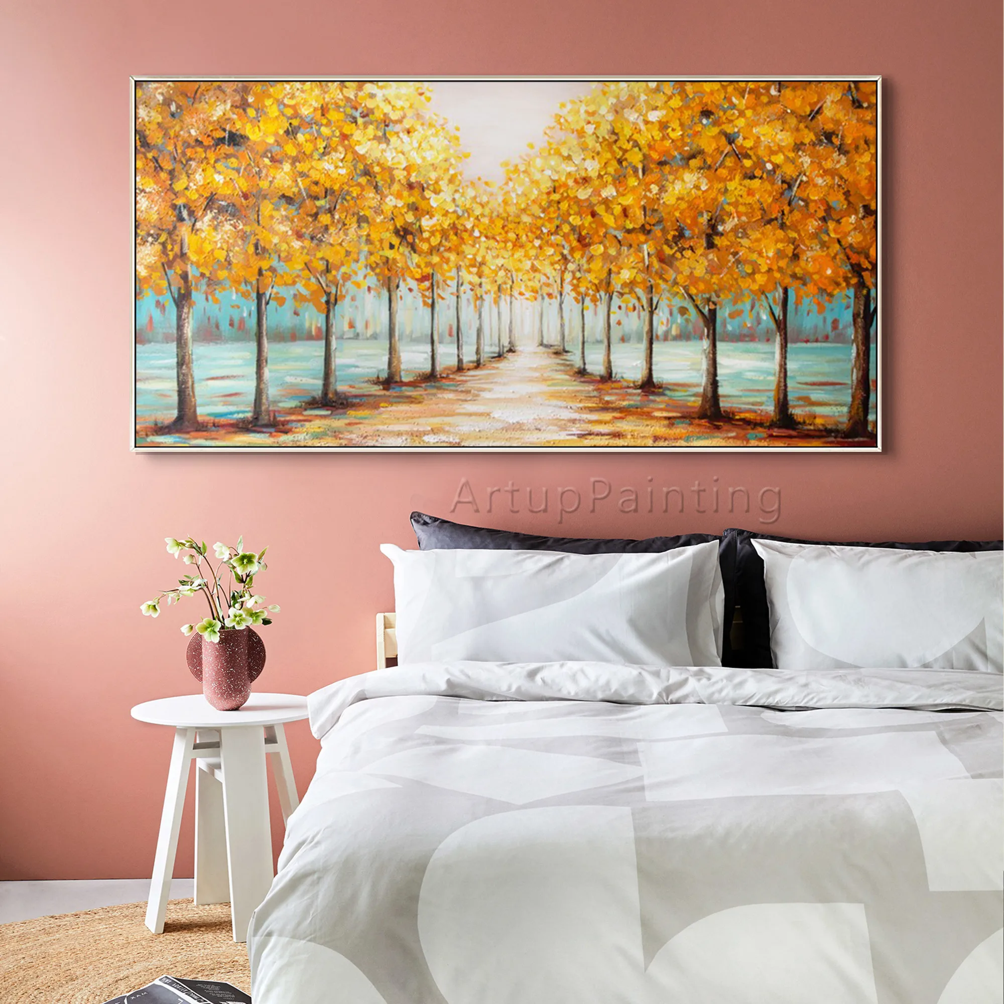 Handmade canvas oil painting landscape trees orange brown green blue wall art home decoration picture for living room