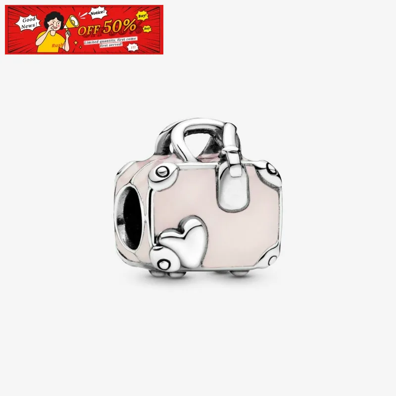 925 Sterling Silver Jewelry Beads Pink Travel Bag Charm Fit Original Pandora Bracelets Women DIY Fashion Birthday Gift