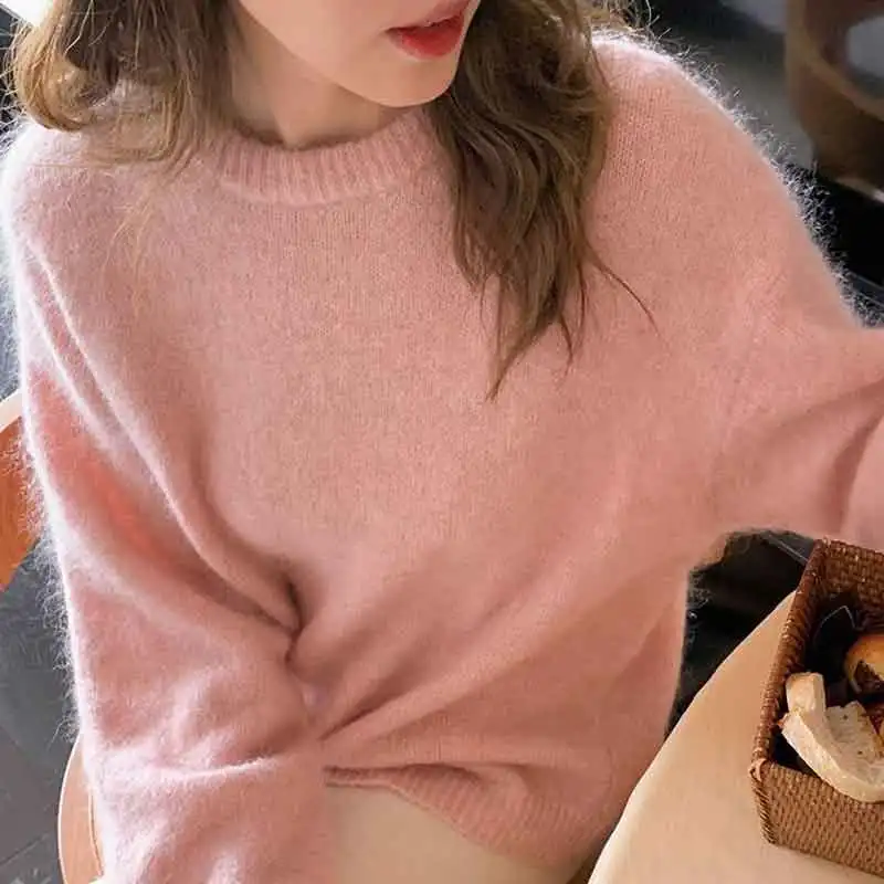 Jsxdhk neue rosa weiche Mohair Strick pullover faulen Stil Herbst Winter Frauen Nerz Kaschmir warm dick o Hals lose Pullover