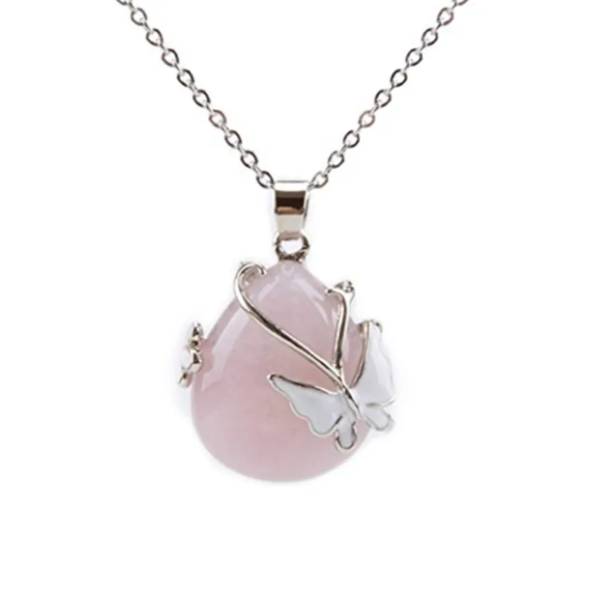 FYSL Silver Plated Butterfly Water Drop Tiger Eye Stone Pendant Link Chain Necklace Rose Pink Quartz Jewelry