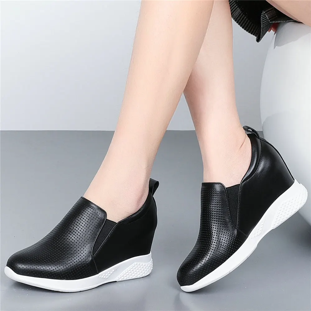 2023 Fashion Sneakers Women Genuine Leather Wedges High Heel Ankle Boots Female Low Top Round Toe Platform Loafers Casual Shoes