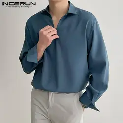 INCERUN Men Casual Shirt Turn Down Collar 2023 Solid Color Long Sleeve Loose Korean Men Clothing Streetwear Leisure Camisa S-3XL