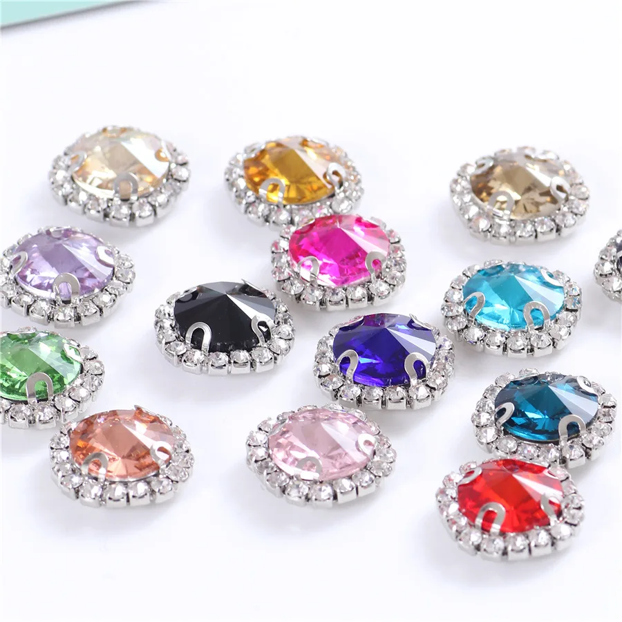 New 10pcs Colorful Round Glass Sew on Rhinestones With Silver Lace Claw Flatback Crystal Sewing Decorations for Clothes