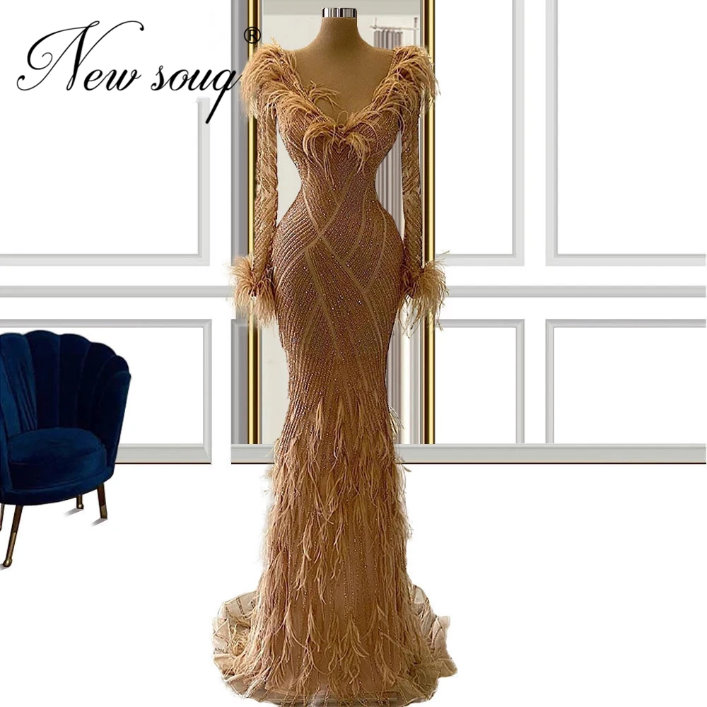 

Middle East Women Feathers Beaded Dress Robe De Souree Dubai Haute Formal Evening Dresses Prom Dress Evening Wear For Weddings