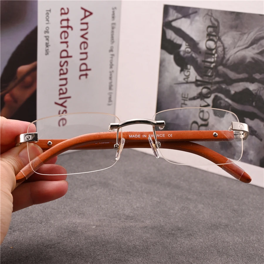 Rockjoy Rimless Eyeglasses Frames Male Real Wood Temple Glasses Men Gold Silver Spectacles for Prescription Optical Lens