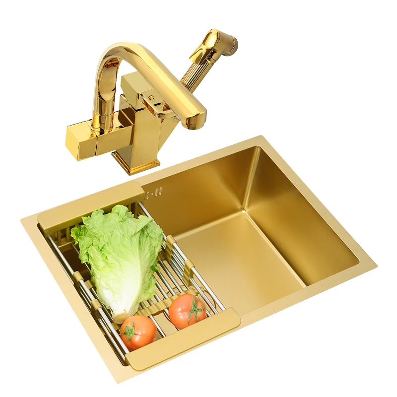 

Gold Nano Handmade Stainless Steel 304 Kitchen Sink Single Bowel Basin Kitchen Sink Embedded Bar Basin Sinks 1.2 Mm Thickness