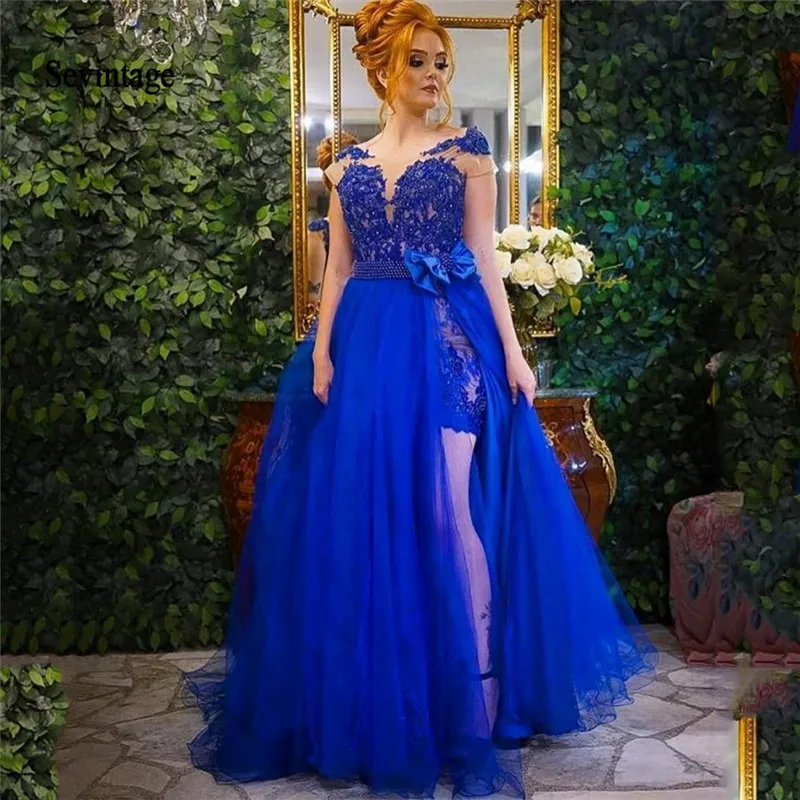 Customized Royal Blue Slit Side Long Evening Dresses 2021 Pearls Lace 2 Pieces Woman Formal Party Dress Custom Made Prom Gowns