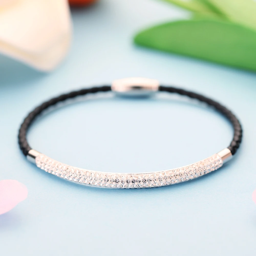 Stainless Steel Magnetic Clasp Bracelet Fashion Jewelry Crystal Rhinestone Charm Leather Wrap Bracelets For Women