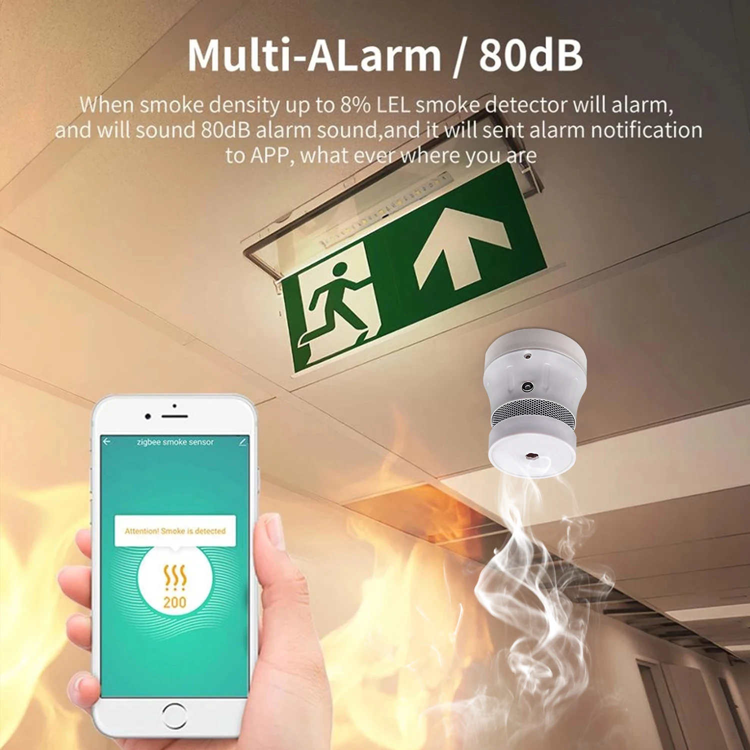 UseeLink Zigbee Smart Smoke Alarm Security Detector System Smart Home APP Control Work With Alexa,Google Home Required by Tuya