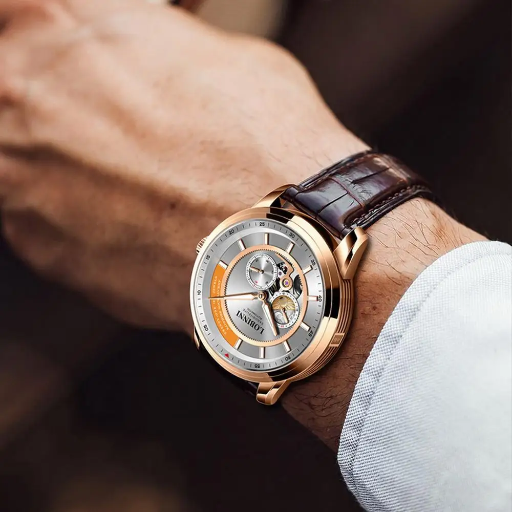 LOBINNI orologi da polso da uomo, orologio meccanico automatico da uomo, orologio da polso scheletrato impermeabile orologio svizzero reloj in acciaio inossidabile