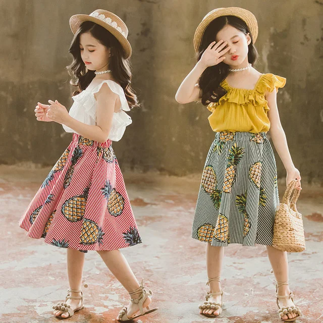 Fashion Baby Girl Summer Clothes 2019 Girls Suits Ruffles Tops Skirts Kids Outfits 2Pcs Children Clothing Set 6 8 9 10 12 Years