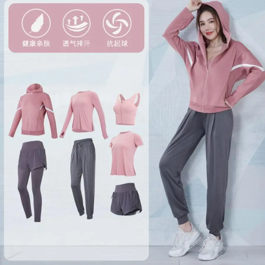 Fitness Gym Suits Women Yoga Set Running Coats+T Shirt+Bra+Pants+Shorts Outdoor Sportswear Clothing Sports Sets