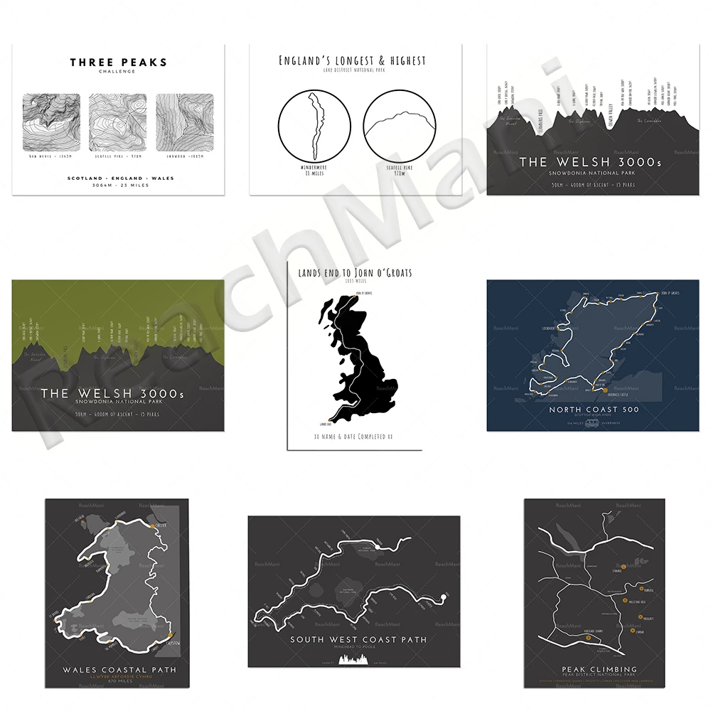 Three Peaks Challenge, Peak District Rock Climbing, Snowdonia-Welsh Mountain Outline 3000 District Challenge Longest Poster