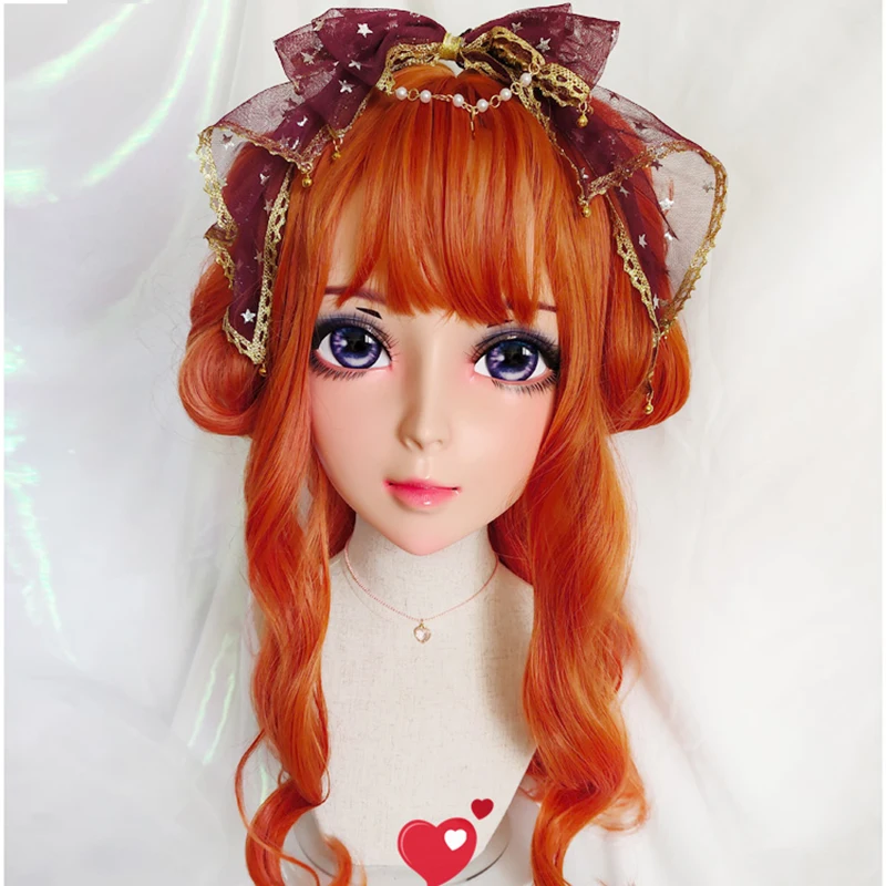 (Ying-7)Female Sweet Girl Resin Half Head Kigurumi BJD Eyes Crossdress Cosplay Japanese Anime Role Lolita Mask With Eyes And Wig