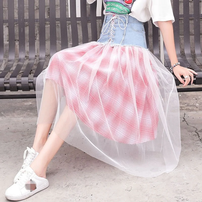 High Women Waist Denim Patchwork Mesh Midi Skirts 2 Piece Set New Casual Summer Tulle Skirt Plaid A-Line Long Skirt Red