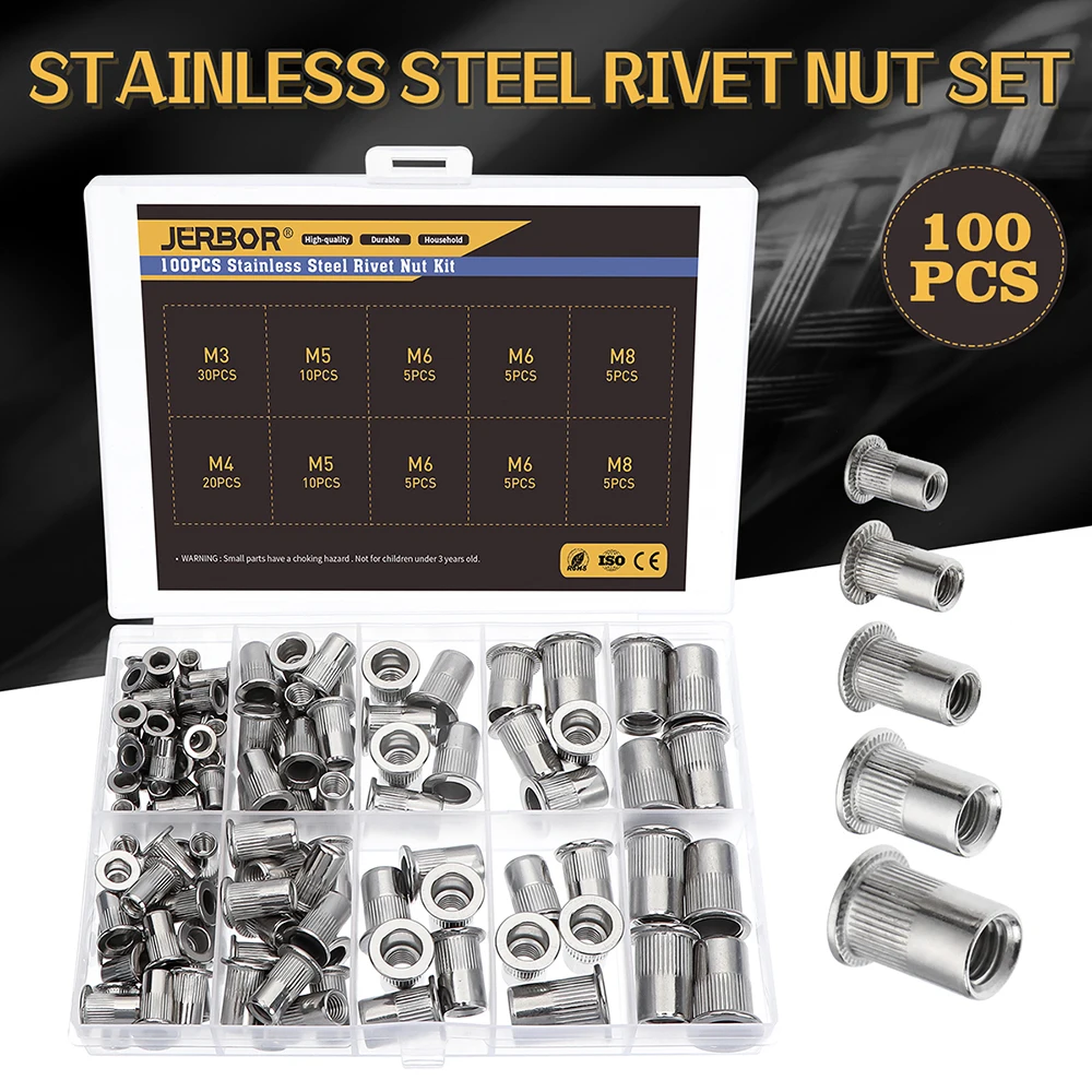 

100PCS Stainless Steel Rivet Nuts Set Nutserts Threaded Insert Nutsert Cap Flat Head Rivet Nuts Carbon Steel M3 M4 M5 M6 M8