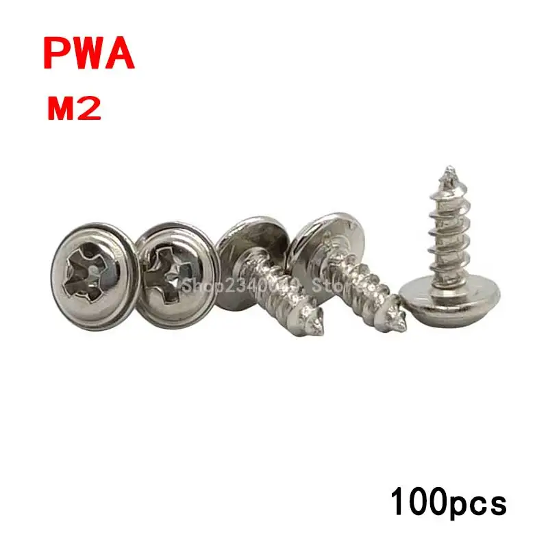 100Pcs PWA Nickel Plated Cross Round Head Self Tapping Screw With Pad M2*4/5/6/8/10mm Silver Pan Head Tapping Screws With Washer