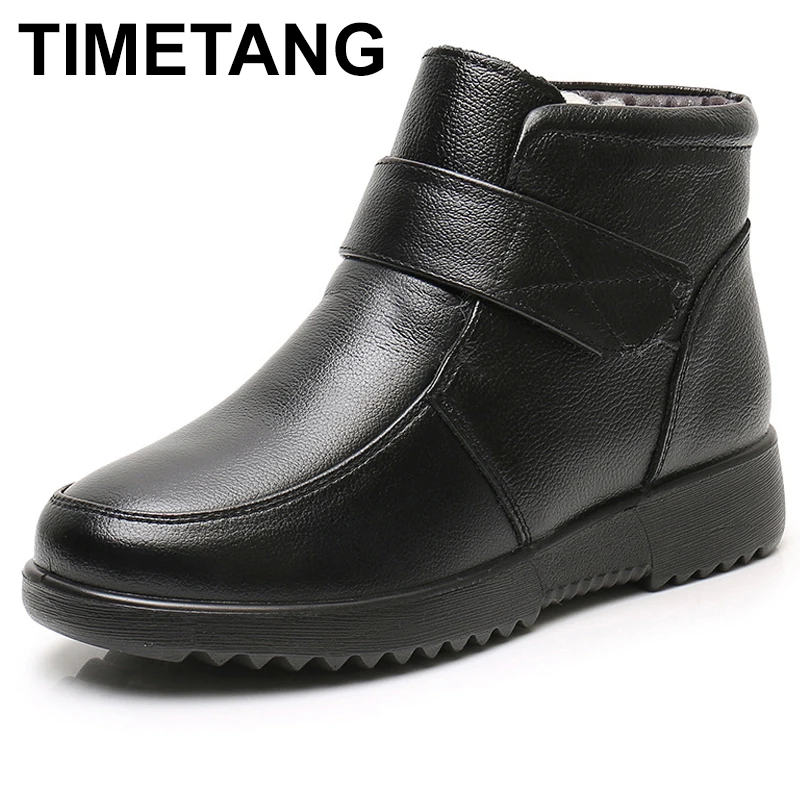TIMETANG Women Genuine Leather Warm Mother Winter Boots Zipper Square Heel Ankle Boots Fashion Thick Fur Snow Boots Female