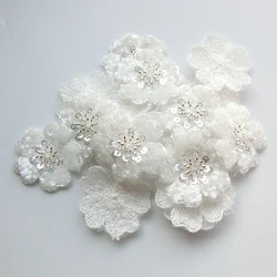 Sequined Lace 3D White Flower Patches Beaded Appliqued DIY Craft Sewing Sew-On Wedding Dress Christmas Clothing Decoration 4.5cm