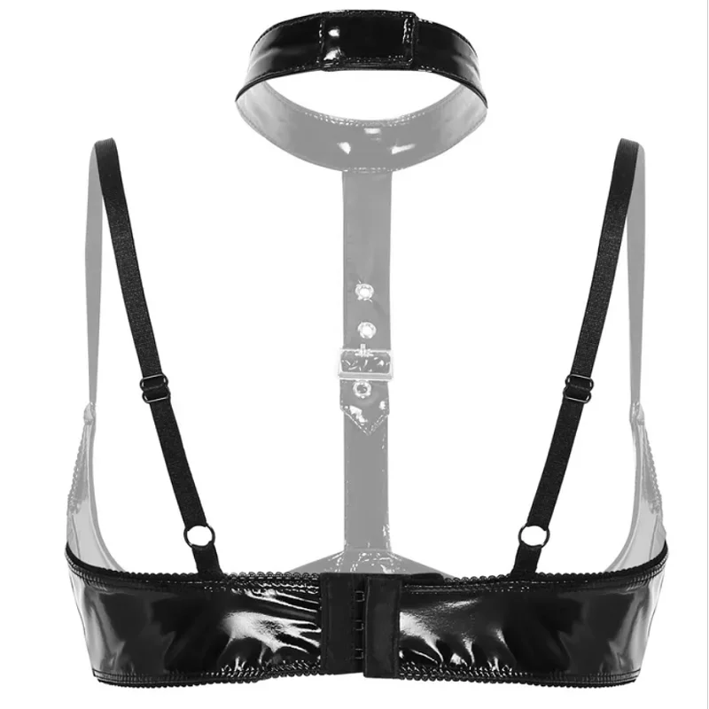 Women Sexy Open Cup Glossy Leather Bra For Sex Back Adjustable Erotic Hot Porn Breast Exposing Shiny Latex Halter Neck Tops Sexi