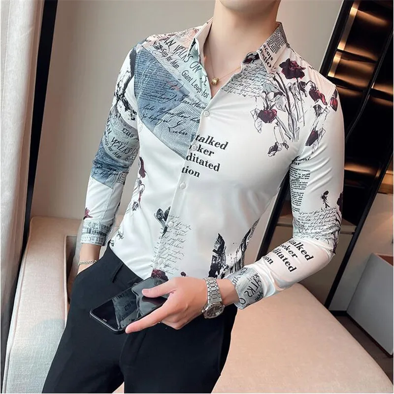 British style New Vintage Printed Shirt Fashion Men Long Sleeve Slim Fit Casual Shirt Club Party Dress Social Shirt Tops Hommes