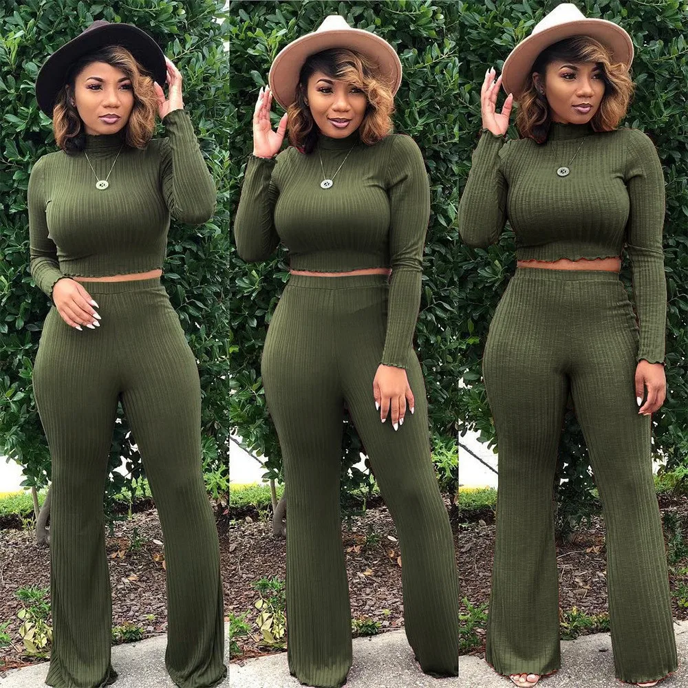 

Женский комплект из 2 предметов, короткий топ с высоким воротником и длинным рукавом и брюки