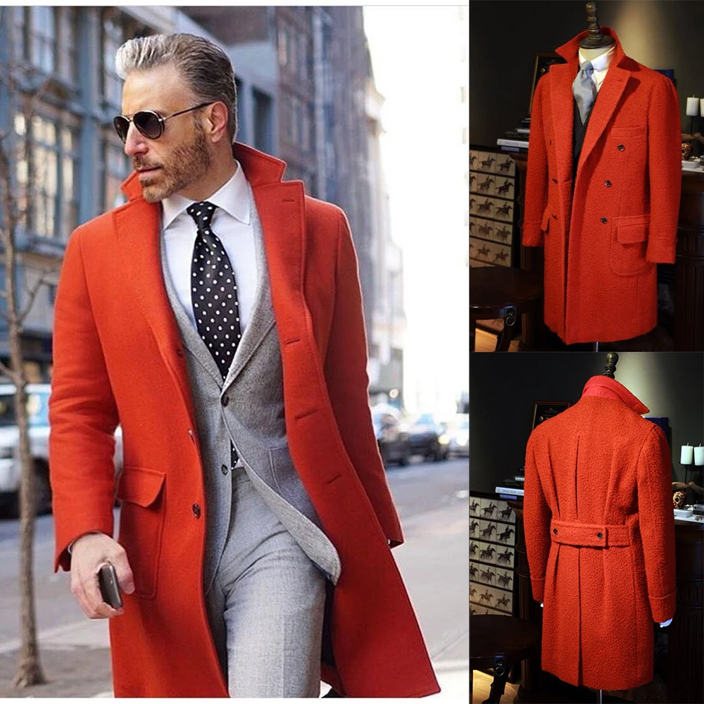 Orange Tweed Wool Men Long Coat Winter Warm Two Button Groom Party Prom Jacket Business Wear Outfit One Suit