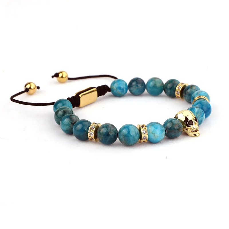 High Quality Natural Stone CZ Pave Crown Skull Charm Bead Braided Friendship Bracelet Women Men