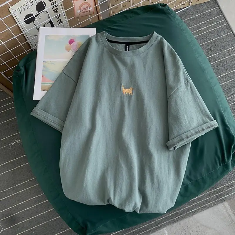 Short Sleeve T-shirts Women Sweet Cotton Casual High Street Preppy Style Embroidery Print O-neck Baggy Graphic Tshirts Femme Ins