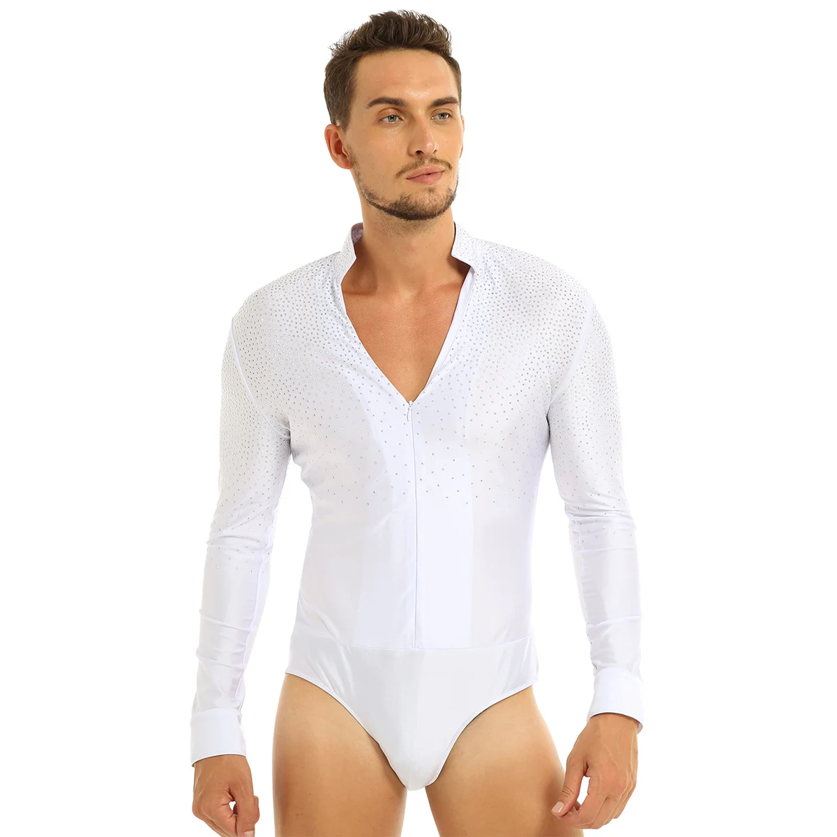 Men Glitter V-neck Latin Dance Gymnastics Leotard Bodysuit Shirt Top Man Ballroom Tango Rumba Dancewear Halloween Costume Outfit